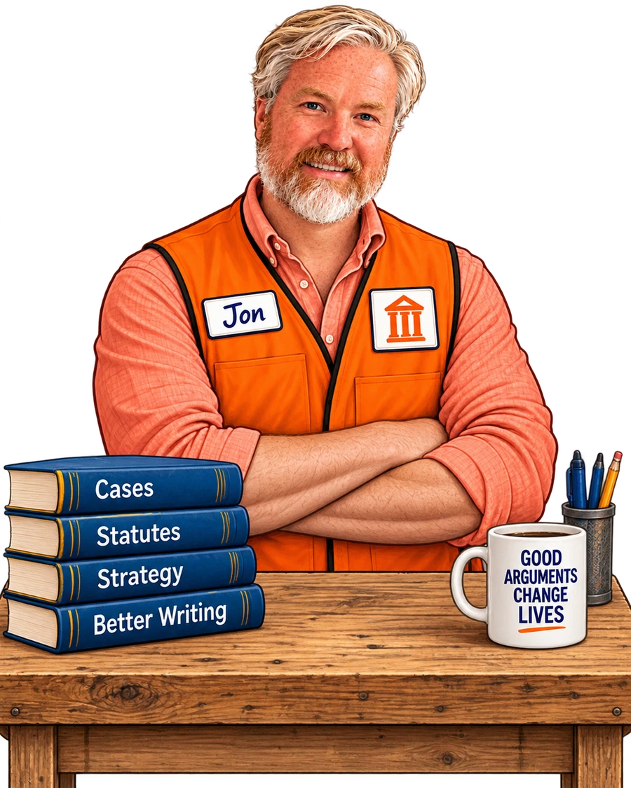 Jon at a wooden workbench with legal-writing books, a coffee mug, and workshop tools
